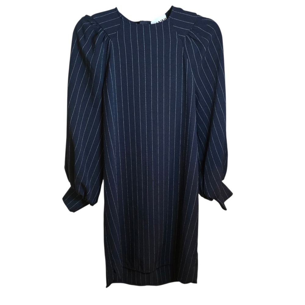 Ganni Pinstripe Balloon Sleeve Dress Black White Size 34 Puff Sleeve Shift - Picture 11 of 12